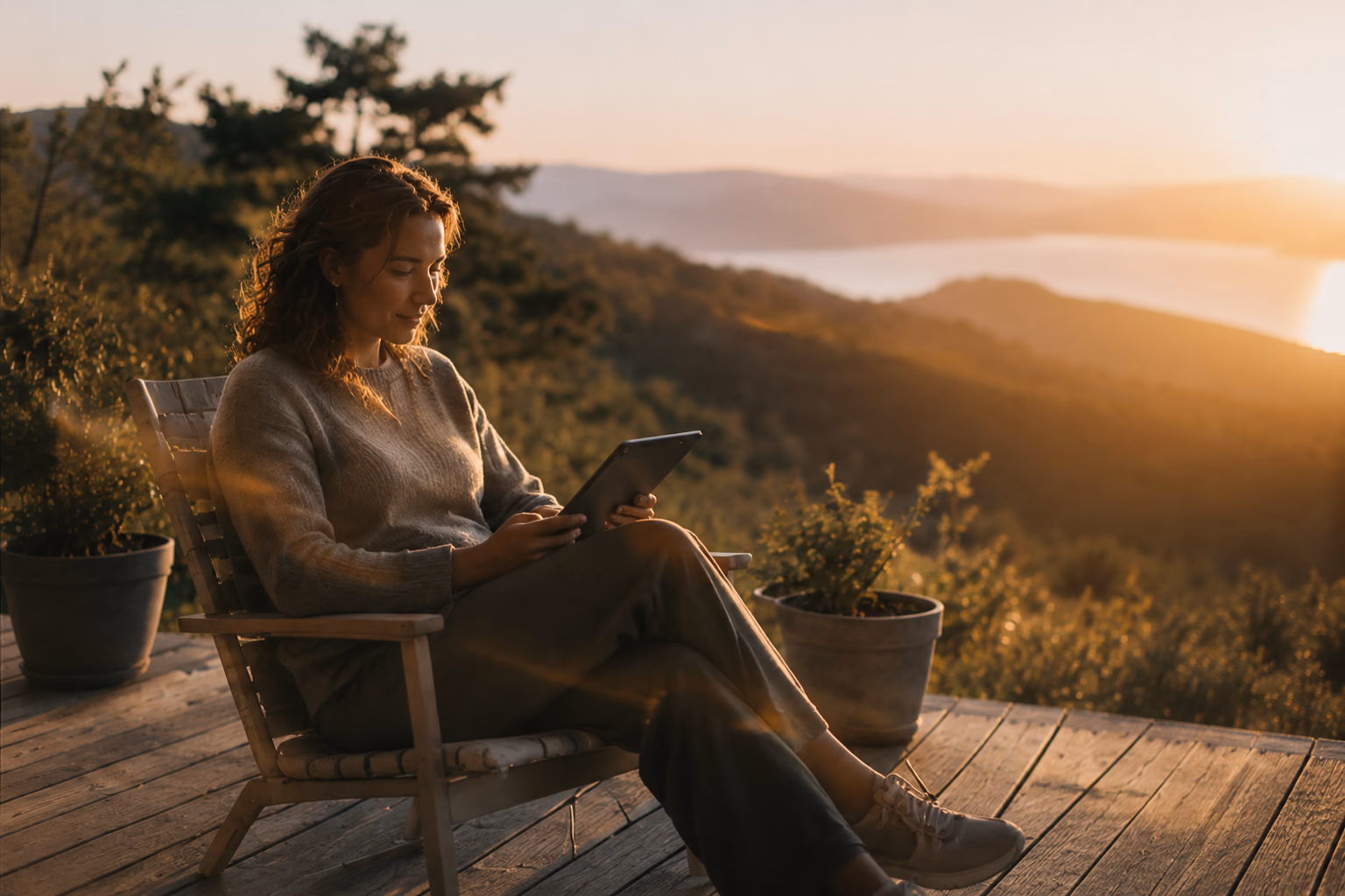 Person working on a tablet outdoors in a rural setting
